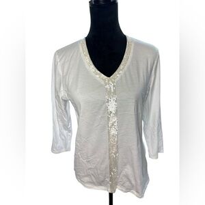 Talbots White Cotton Top with Sequin Trim – Women’s Medium